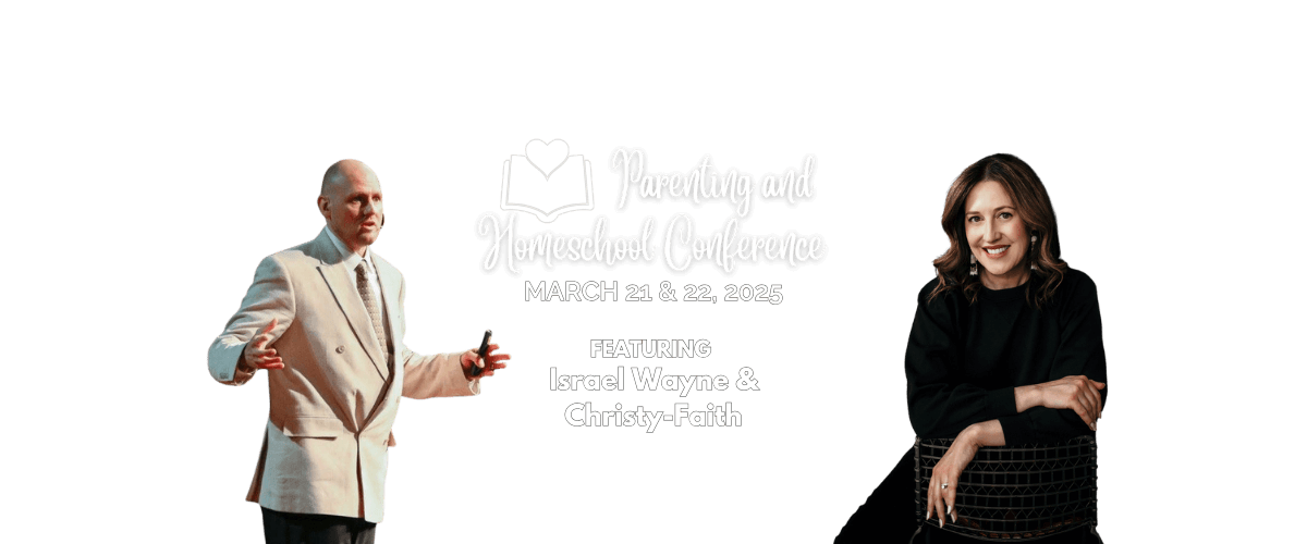 Two people are highlighted in an advertisement for the Homeschool and Marriage Conference, coinciding with the Indiana Homeschool Convention, scheduled for March 21-22, 2025. The text features prominent speakers Israel Wayne and Christy-Faith.