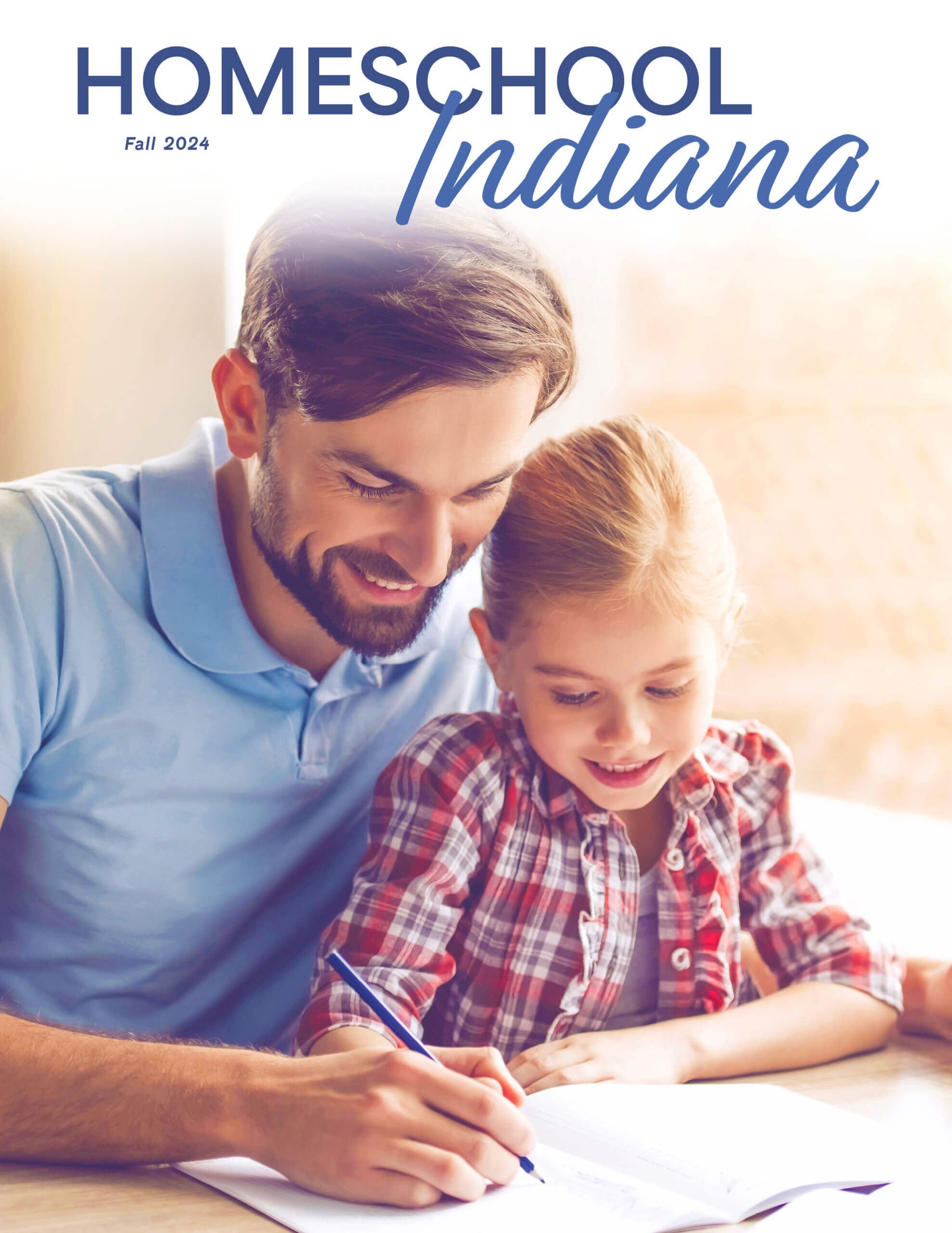 A man and a young girl smile while working on a book together. The man, in a blue shirt, helps the girl, who is wearing a plaid dress and holding a pencil. The image graces the cover of Homeschool Indiana Magazine's Fall 2024 edition.