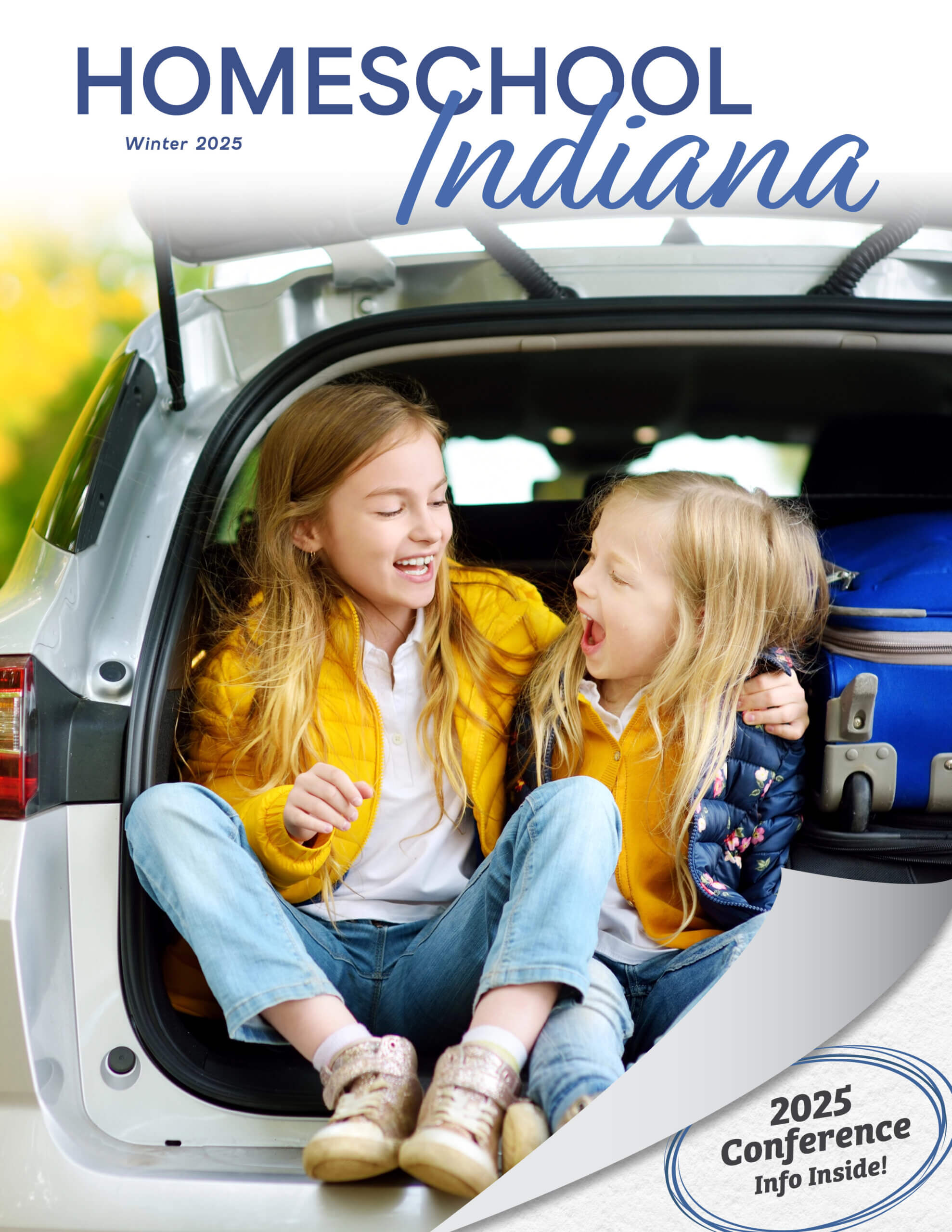 A man and a young girl smile while working on a book together. The man, in a blue shirt, helps the girl, who is wearing a plaid dress and holding a pencil. The image graces the cover of Homeschool Indiana Magazine's Fall 2024 edition.