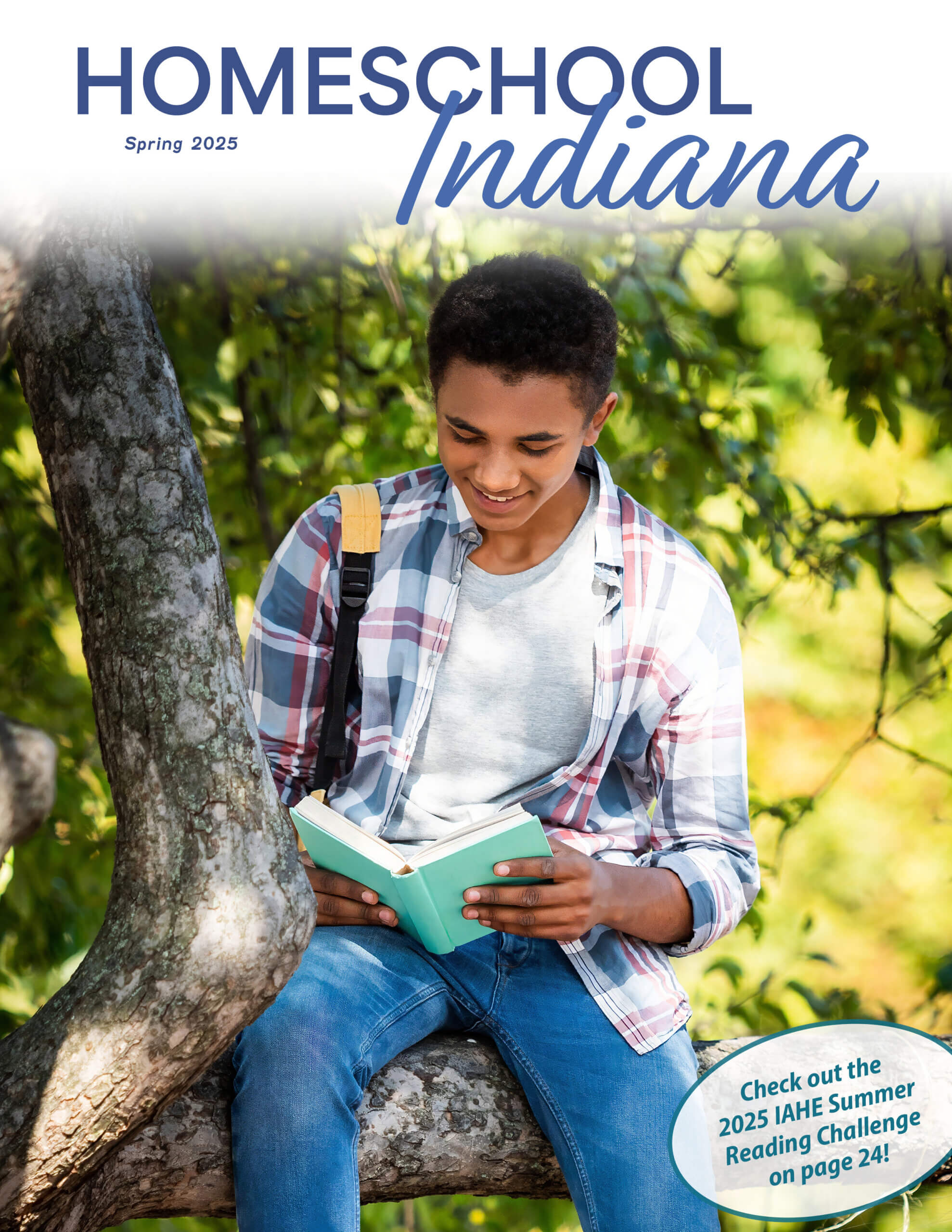 A man and a young girl smile while working on a book together. The man, in a blue shirt, helps the girl, who is wearing a plaid dress and holding a pencil. The image graces the cover of Homeschool Indiana Magazine's Fall 2024 edition.