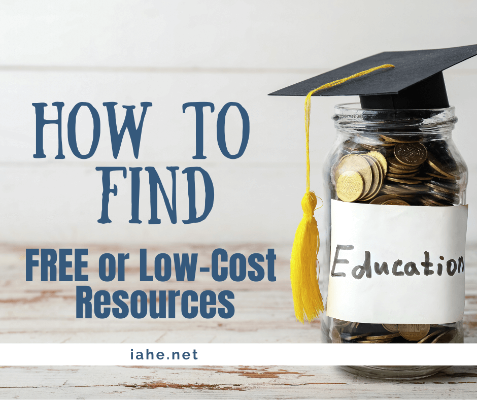 A clear jar filled with coins labeled "Education" is topped with a graduation cap. Text on the image reads "How to Find FREE or Low-Cost Resources," with "iahe.net" at the bottom. The background is light-colored wood.