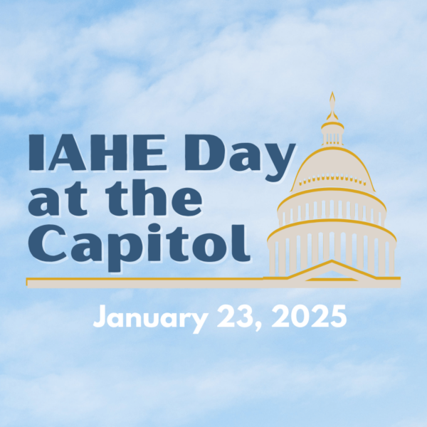 Illustration of the U.S. Capitol dome with text: "IAHE Day at the Capitol" and "January 23, 2025" against a blue sky background.