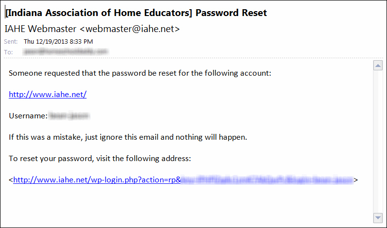 IAHE Website Password Reset Email
