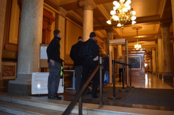 When you get inside the front door of the State Capitol will need to clear security. Do not bring weapons, and know that bags and packages will be x-rayed.