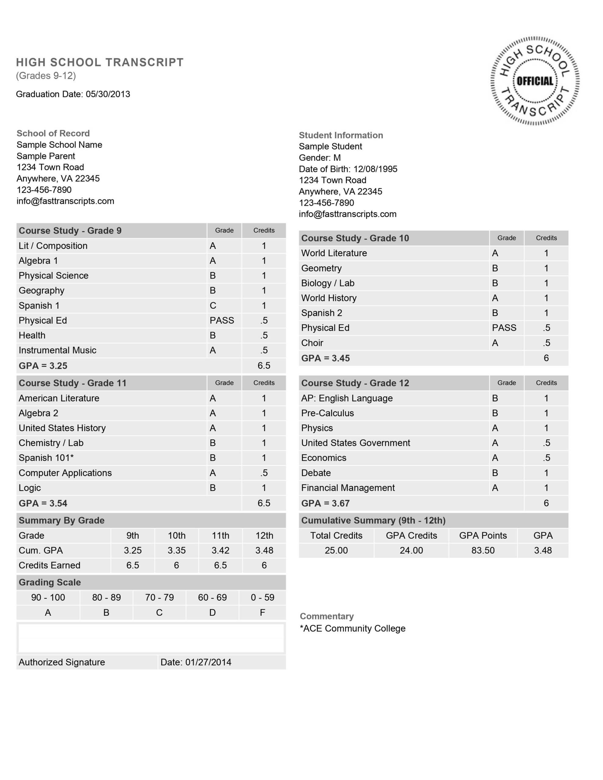 high school transcript format